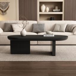 Oval Centre Coffee Table with Double Square Legs and Felt Feet, Minimalist Table for Compact Living Rooms, 119.5L x 50W x 35.5H cm, Black - Aosom UK - thumbnail 1