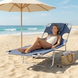 Outsunny Beach Chaise Lounge with Face Hole and Arm Slots, Portable Sun Lounger, 5-Position Reclining, Grey - Aosom UK - thumbnail 9