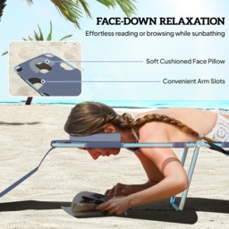 Outsunny Beach Chaise Lounge with Face Hole and Arm Slots, Portable Sun Lounger, 5-Position Reclining, Grey - Aosom UK - thumbnail 5