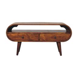 100% Solid Mango Wood Round TV Stand with 2 Smooth‑Gliding Drawers and Open Slot, Table for Living Room, 35L x 90W x 45H cm, Brown - Aosom UK - thumbnail 2