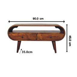 100% Solid Mango Wood Round TV Stand with 2 Smooth‑Gliding Drawers and Open Slot, Table for Living Room, 35L x 90W x 45H cm, Brown - Aosom UK - thumbnail 3
