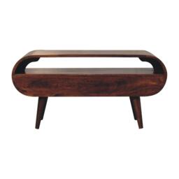 100% Solid Mango Wood Round TV Stand with 2 Smooth‑Gliding Drawers and Open Slot, Table for Living Room, 35L x 90W x 45H cm, Brown - Aosom UK - thumbnail 8