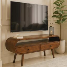 100% Solid Mango Wood Round TV Stand with 2 Smooth‑Gliding Drawers and Open Slot, Table for Living Room, 35L x 90W x 45H cm, Brown - Aosom UK
