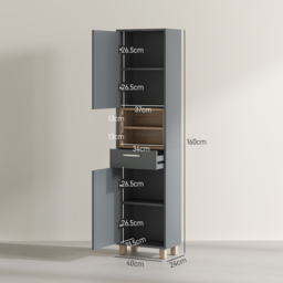 HOMCOM Tall Bathroom Storage Cabinet with MDF Triamine Board Tall Bathroom Cupboard with Waterproof Sticker and Open Shelves - Matte Grey - Aosom UK - thumbnail 3