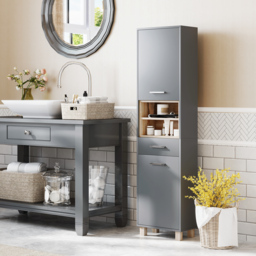 HOMCOM Tall Bathroom Storage Cabinet with MDF Triamine Board Tall Bathroom Cupboard with Waterproof Sticker and Open Shelves - Matte Grey - Aosom UK - thumbnail 2