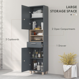 HOMCOM Tall Bathroom Storage Cabinet with MDF Triamine Board Tall Bathroom Cupboard with Waterproof Sticker and Open Shelves - Matte Grey - Aosom UK - thumbnail 4