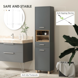 HOMCOM Tall Bathroom Storage Cabinet with MDF Triamine Board Tall Bathroom Cupboard with Waterproof Sticker and Open Shelves - Matte Grey - Aosom UK - thumbnail 6