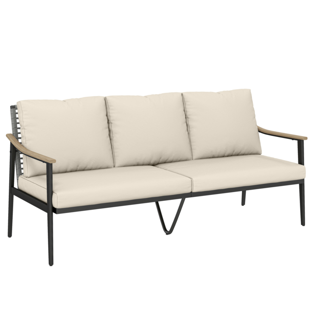 Outsunny 3 Seater Rattan Sofa, Outdoor Garden Sofa with Wood-Effect Armrests, Cushions for Patio, Balcony, Khaki - image 1