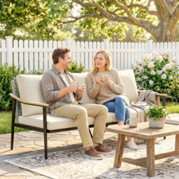 Outsunny 3 Seater Rattan Sofa, Outdoor Garden Sofa with Wood-Effect Armrests, Cushions for Patio, Balcony, Khaki - thumbnail 8