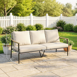Outsunny 3 Seater Rattan Sofa, Outdoor Garden Sofa with Wood-Effect Armrests, Cushions for Patio, Balcony, Khaki - thumbnail 3