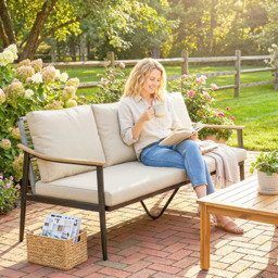 Outsunny 3 Seater Rattan Sofa, Outdoor Garden Sofa with Wood-Effect Armrests, Cushions for Patio, Balcony, Khaki - thumbnail 2