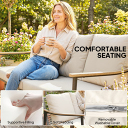 Outsunny 3 Seater Rattan Sofa, Outdoor Garden Sofa with Wood-Effect Armrests, Cushions for Patio, Balcony, Khaki - thumbnail 6