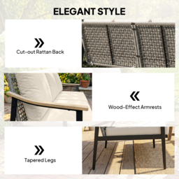 Outsunny 3 Seater Rattan Sofa, Outdoor Garden Sofa with Wood-Effect Armrests, Cushions for Patio, Balcony, Khaki - thumbnail 5
