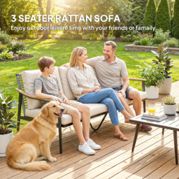 Outsunny 3 Seater Rattan Sofa, Outdoor Garden Sofa with Wood-Effect Armrests, Cushions for Patio, Balcony, Khaki - thumbnail 4