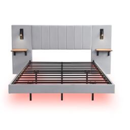 Upholstered Double Bed with Headboard Storage, LED Light, Iron Frame, Velvet Bed Base with Reading Light, 199L x 206.5W x 103H cm, Grey - Aosom.UK - thumbnail 2
