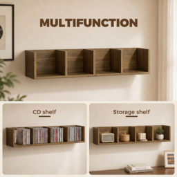 HOMCOM Wall Mount 84 CD / 56 DVD/Blu-ray/ Media Storage Rack 4 Cubes Wooden Shelf Organizer Unit Bookcase Display, Walnut - thumbnail 5