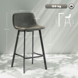 HOMCOM Bar Stools Set of 2, PU Leather Dining Stools with Backrest, Footrest, for Kitchen, Counter, Breakfast Bar, Grey - thumbnail 3