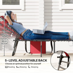 Outsunny Folding Sun Lounger with Side Table, 5-Level Adjustable Reclining Sun Lounger Chair, Portable Garden Recliner Sunbed with Side Pocket, Head Pillow for Patio, Beach, Red - thumbnail 4