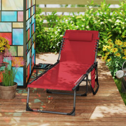 Outsunny Folding Sun Lounger with Side Table, 5-Level Adjustable Reclining Sun Lounger Chair, Portable Garden Recliner Sunbed with Side Pocket, Head Pillow for Patio, Beach, Red - thumbnail 9