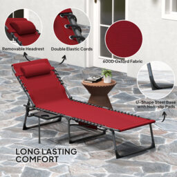 Outsunny Folding Sun Lounger with Side Table, 5-Level Adjustable Reclining Sun Lounger Chair, Portable Garden Recliner Sunbed with Side Pocket, Head Pillow for Patio, Beach, Red - thumbnail 5