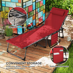 Outsunny Folding Sun Lounger with Side Table, 5-Level Adjustable Reclining Sun Lounger Chair, Portable Garden Recliner Sunbed with Side Pocket, Head Pillow for Patio, Beach, Red - thumbnail 6