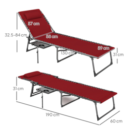Outsunny Folding Sun Lounger with Side Table, 5-Level Adjustable Reclining Sun Lounger Chair, Portable Garden Recliner Sunbed with Side Pocket, Head Pillow for Patio, Beach, Red - thumbnail 3