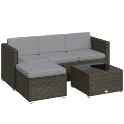 Outsunny 3 Pieces Garden Furniture Set w/ Cushions, PE Rattan Wicker Conversation Corner Sofa Set, Light Grey - thumbnail 1