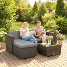 Outsunny 3 Pieces Garden Furniture Set w/ Cushions, PE Rattan Wicker Conversation Corner Sofa Set, Light Grey - thumbnail 8