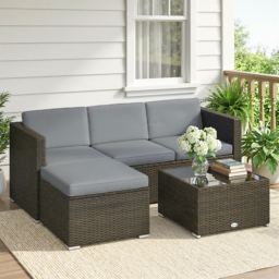 Outsunny 3 Pieces Garden Furniture Set w/ Cushions, PE Rattan Wicker Conversation Corner Sofa Set, Light Grey - thumbnail 2