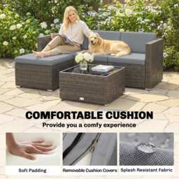 Outsunny 3 Pieces Garden Furniture Set w/ Cushions, PE Rattan Wicker Conversation Corner Sofa Set, Light Grey - thumbnail 6