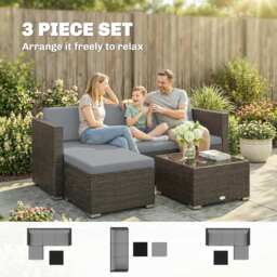 Outsunny 3 Pieces Garden Furniture Set w/ Cushions, PE Rattan Wicker Conversation Corner Sofa Set, Light Grey - thumbnail 4