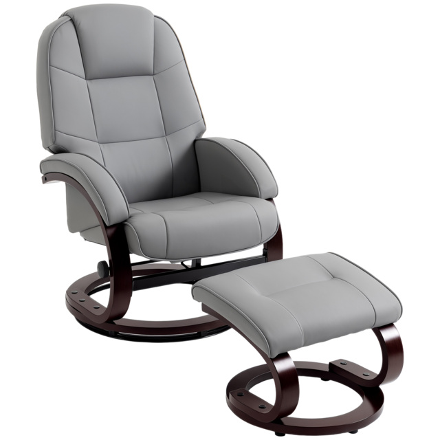 HOMCOM Swivel Recliner Chair with Footstool, PU Leather Recliner Armchair with Adjustable Back and Wood Frame, Grey - image 1