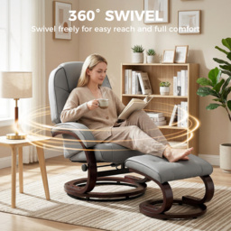 HOMCOM Swivel Recliner Chair with Footstool, PU Leather Recliner Armchair with Adjustable Back and Wood Frame, Grey - thumbnail 5