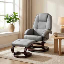 HOMCOM Swivel Recliner Chair with Footstool, PU Leather Recliner Armchair with Adjustable Back and Wood Frame, Grey - thumbnail 2