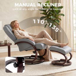 HOMCOM Swivel Recliner Chair with Footstool, PU Leather Recliner Armchair with Adjustable Back and Wood Frame, Grey - thumbnail 4