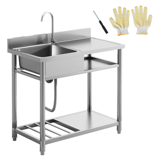 HOMCOM Outdoor Stainless Steel Kitchen Sink, Freestanding Sink Single Bowl with Cold and Hot Water Pipe and Storage Shelves - image 1
