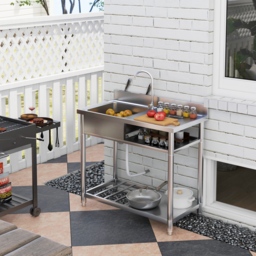 HOMCOM Outdoor Stainless Steel Kitchen Sink, Freestanding Sink Single Bowl with Cold and Hot Water Pipe and Storage Shelves - thumbnail 2