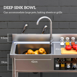 HOMCOM Outdoor Stainless Steel Kitchen Sink, Freestanding Sink Single Bowl with Cold and Hot Water Pipe and Storage Shelves - thumbnail 4