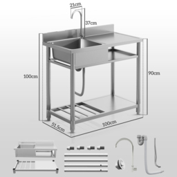 HOMCOM Outdoor Stainless Steel Kitchen Sink, Freestanding Sink Single Bowl with Cold and Hot Water Pipe and Storage Shelves - thumbnail 3