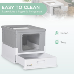 PawHut Hooded Cat Litter Box with Scoop, Front Entry Top Exit, Portable Pet Toilet, Large Space, Easy Assemble, Grey - Aosom UK - thumbnail 4