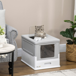 PawHut Hooded Cat Litter Box with Scoop, Front Entry Top Exit, Portable Pet Toilet, Large Space, Easy Assemble, Grey - Aosom UK - thumbnail 2