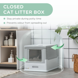 PawHut Hooded Cat Litter Box with Scoop, Front Entry Top Exit, Portable Pet Toilet, Large Space, Easy Assemble, Grey - Aosom UK - thumbnail 6
