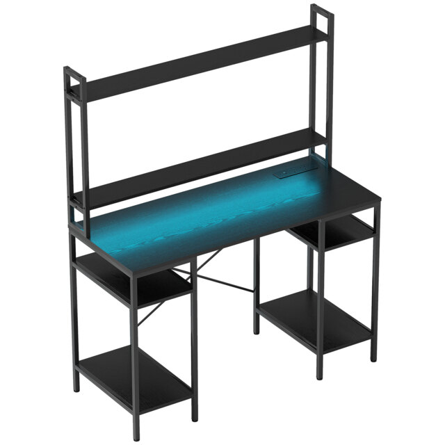 HOMCOM Computer Desk with Power Outlets and LED Lights, Home Office Desk with Monitor Stand and 2 CPU Stands, Study Table Gaming Desk with Hutch, Black - image 1