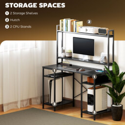 HOMCOM Computer Desk with Power Outlets and LED Lights, Home Office Desk with Monitor Stand and 2 CPU Stands, Study Table Gaming Desk with Hutch, Black - thumbnail 7