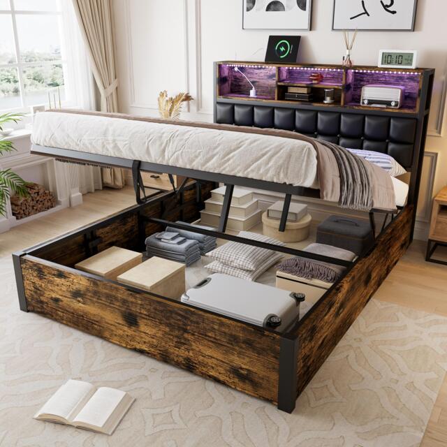 Hydraulic Storage Bed with Charging Sockets and LED Strip, Double Bed with Hydraulic Storage, 208L x 141W x 107H cm, Black+Neutral - Aosom UK - image 1