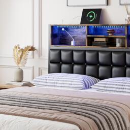 Hydraulic Storage Bed with Charging Sockets and LED Strip, Double Bed with Hydraulic Storage, 208L x 141W x 107H cm, Black+Neutral - Aosom UK - thumbnail 7