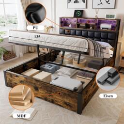 Hydraulic Storage Bed with Charging Sockets and LED Strip, Double Bed with Hydraulic Storage, 208L x 141W x 107H cm, Black+Neutral - Aosom UK - thumbnail 4
