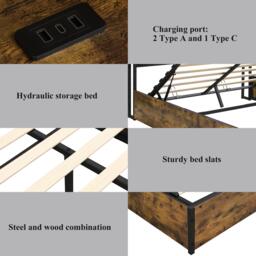 Hydraulic Storage Bed with Charging Sockets and LED Strip, Double Bed with Hydraulic Storage, 208L x 141W x 107H cm, Black+Neutral - Aosom UK - thumbnail 5