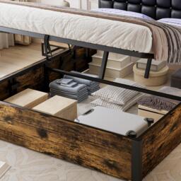 Hydraulic Storage Bed with Charging Sockets and LED Strip, Double Bed with Hydraulic Storage, 208L x 141W x 107H cm, Black+Neutral - Aosom UK - thumbnail 8