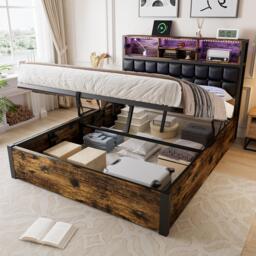 Hydraulic Storage Bed with Charging Sockets and LED Strip, Double Bed with Hydraulic Storage, 208L x 141W x 107H cm, Black+Neutral - Aosom UK